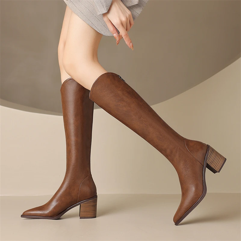 Meotina Women Genuine Leather Knee High Gogo Boots Pointed Toe Block High Heels Zipper Western Cowgirl Boots Ladies Winter Shoes