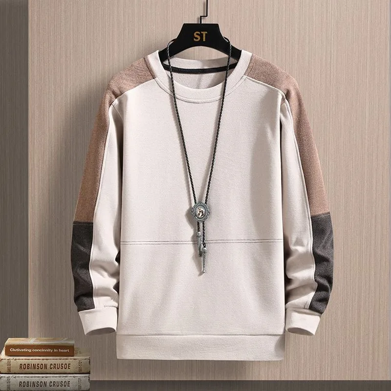 New Autumn Fashion Korean Version Patchwork Color Matching Round Neck Loose and Versatile Handsome Youth Long Sleeved Sweater