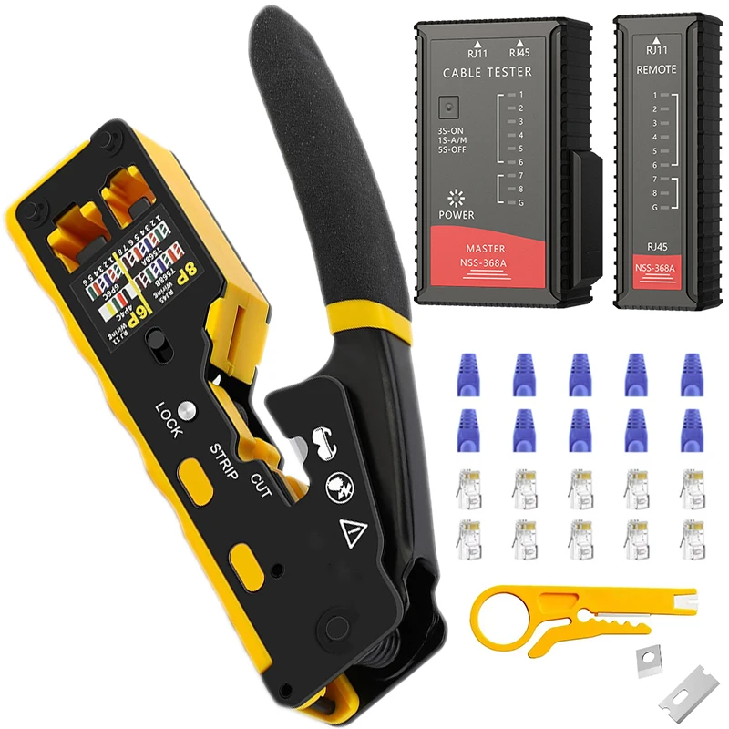 

Многофункциональные обжимные клещи RJ45 для сетевых кабелей (Ethernet, LANTEL, RJ11/CAT5E/6 UTP STP) с функциями обжима, резки и зачистки