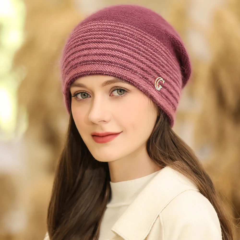 New Women Winter Hat Rabbit Fur Blend Warm Beanie Hat For Female Casual Streetwear G Letter Knitted Hat