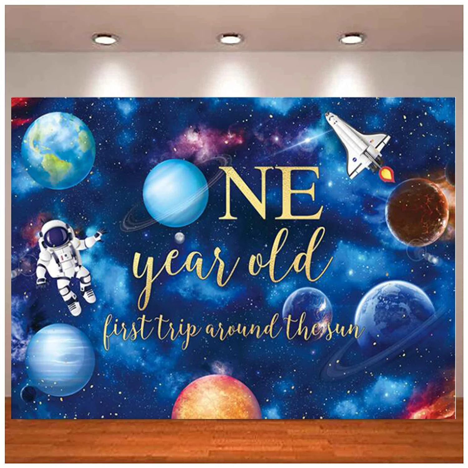 Photography Backdrop Blue Outer Space Around The Sun Planet Galaxy Starry Sky Rocket Boy 1st Happy Birthday Party Background