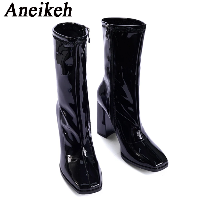 Aneikeh Autumn Winter Black Patent Leather Boots For Women Fashion Square Toe Zip Thick Heel Party Shoes Chelsea Ankle Booties