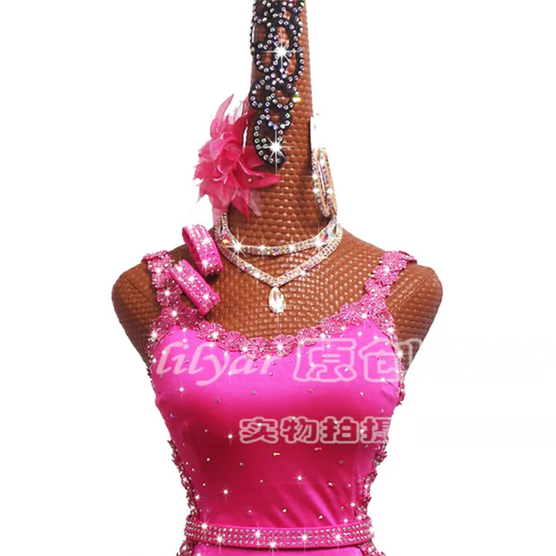 New Latin Dance Dress Latin Skirt Competition Dress Costumes Performing Dress Sparkly Rhinestone Pink Embroidered Fishbone skirt