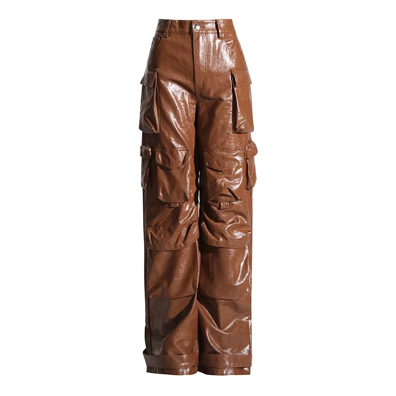 ZAMOR HIGH STREET Women Cross Border Unique Design Pants 2026 New Fashion Versatile High Waist Big Pocket PU Leather Straight Tr