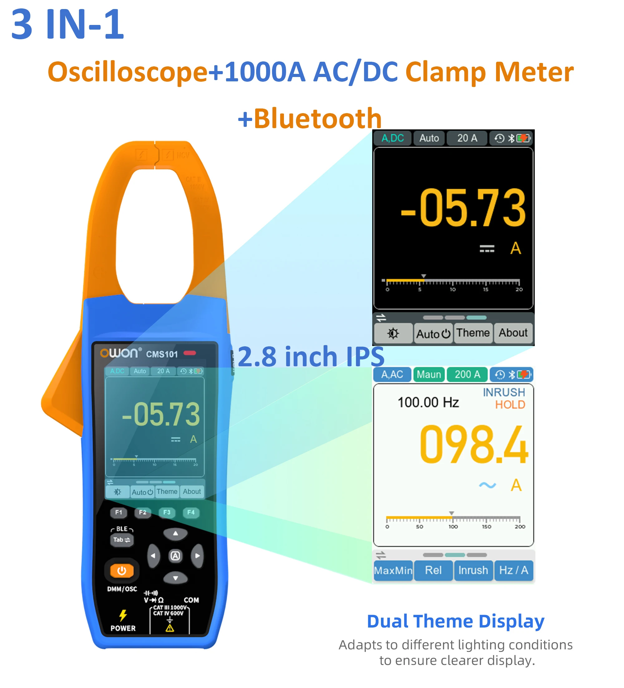 

OWON 3 IN-1 CMS101 1000A AC/DC Clamp Meter Oscilloscope 1kHz Bandwidth APP Bluetooth Recorder Current Voltage HZ NCV Tester