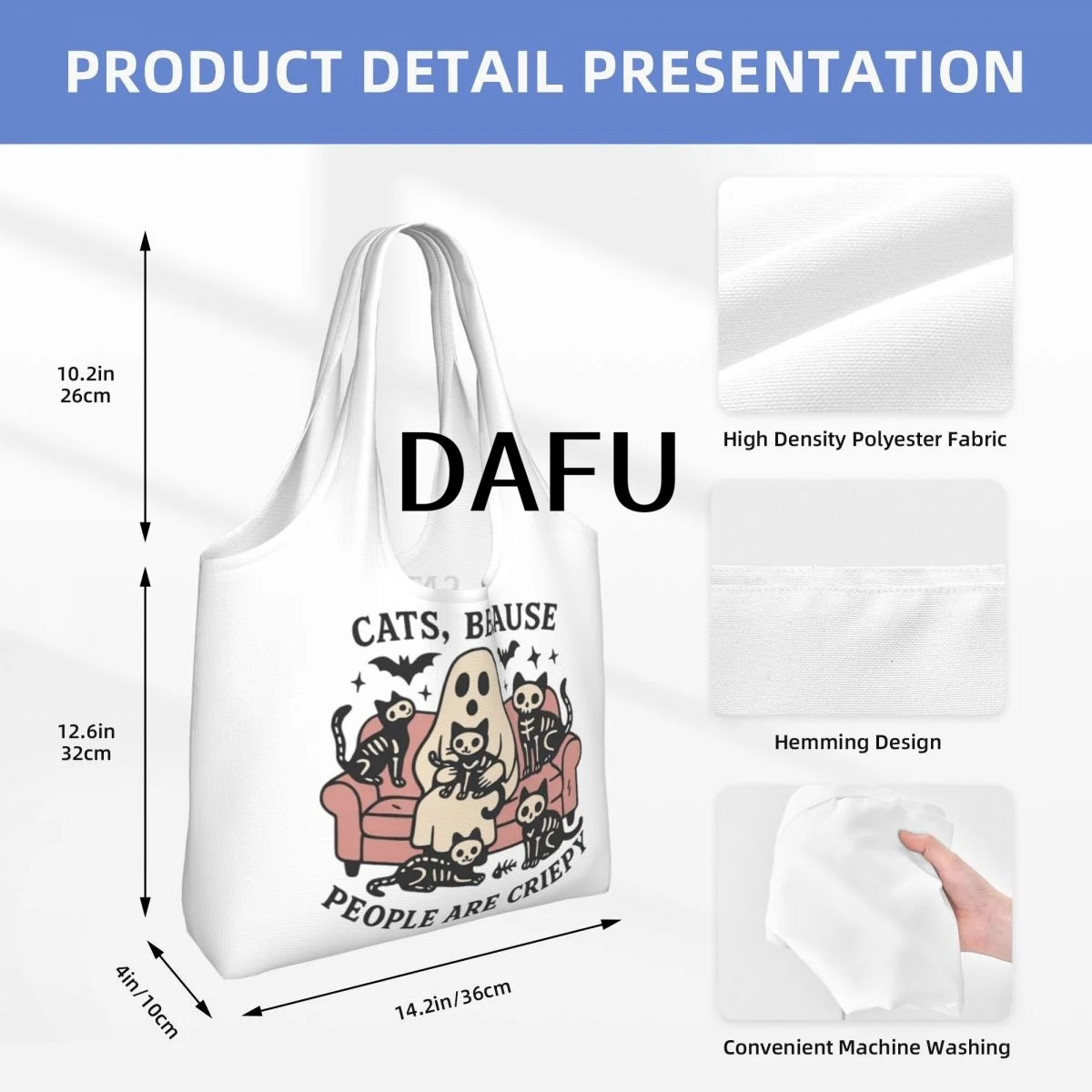 Creepy Cats And Ghostly Tales Large Capacity Canvas Tote Bag Single Shoulder Commute Bag For Women Eco-Friendly Shopping Bag