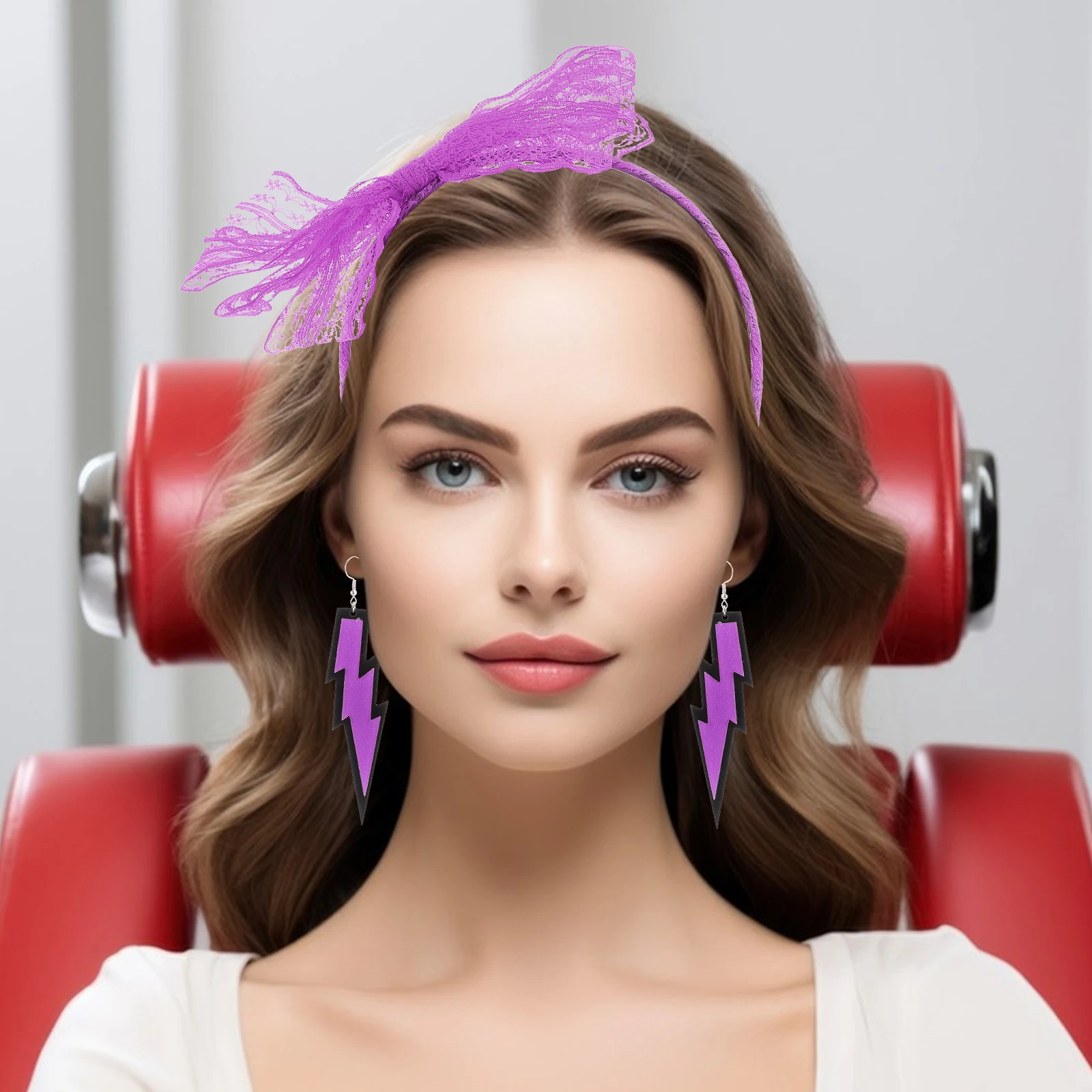 

Стильная неоновая кружевная повязка на голову и нежные серьги-капли для женщин, одежда для вечеринки в стиле 80-х годов, Хэллоуина, фестиваля, легкая и удобная