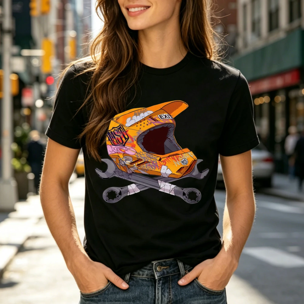 Cross Wrenches & Dirt Bike Helmet Graphic T-Shirt, Birthday Gift for Motorcycle Lovers Racing Enthusiasts