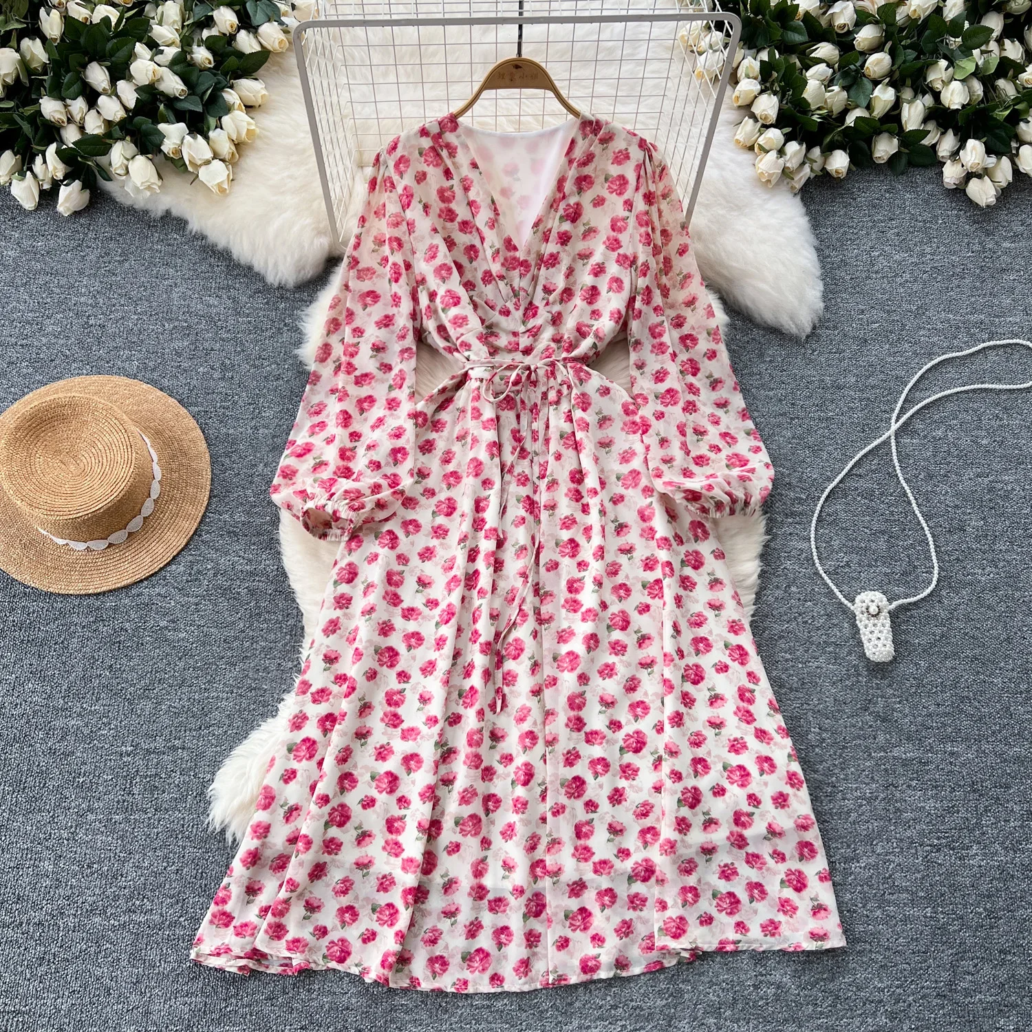 

Sexy v neck lace-up print chiffon Lantern Sleeve Dress A-line Chic Casual Beach Vacation Women Summer sweet dresses