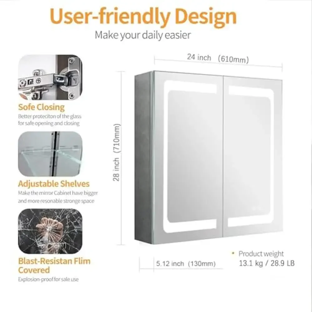 Illuminated Stainless Steel Wall Mounted LED Mirror Cabinet with Adjustable Shelves Anti-Fog Function Modern Bathroom Medicine