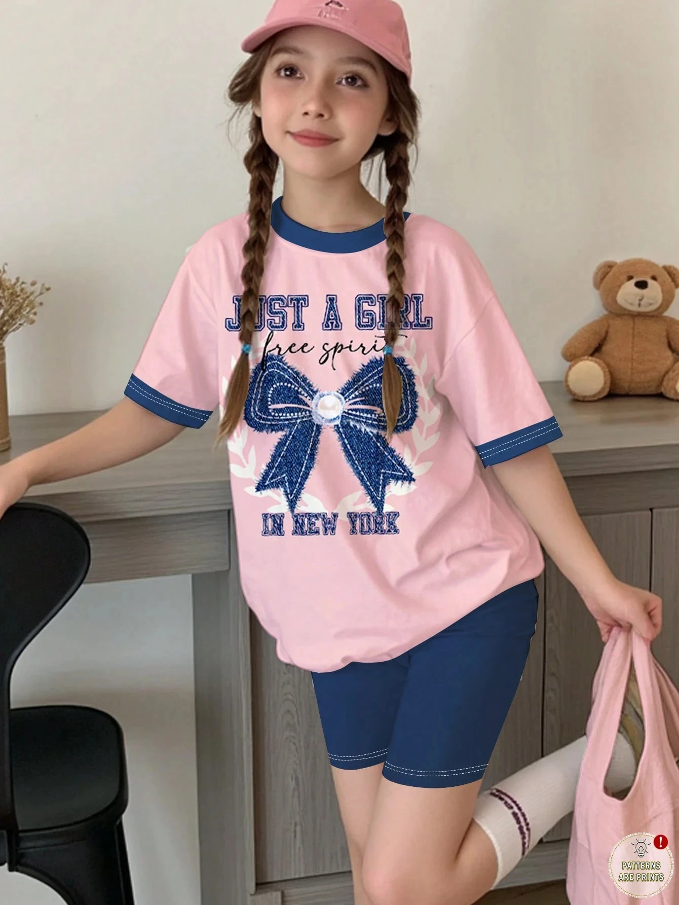 Little Girl Pink Navy Blue Ring T-shirt Denim Bow New York Letter Print Solid Color Navy Blue Bicycle Shorts 2 Pieces Cute