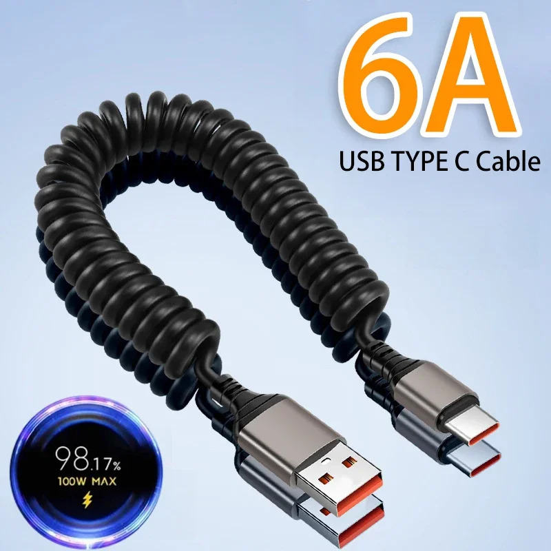 USB C 타입 고속 충전 케이블, 아이폰 12, 13, 14, 샤오미, 삼성, 화웨이, 데이터 코드, 6A, USB \ C 타입에서 C 타입 카플레이 용수철 케이블