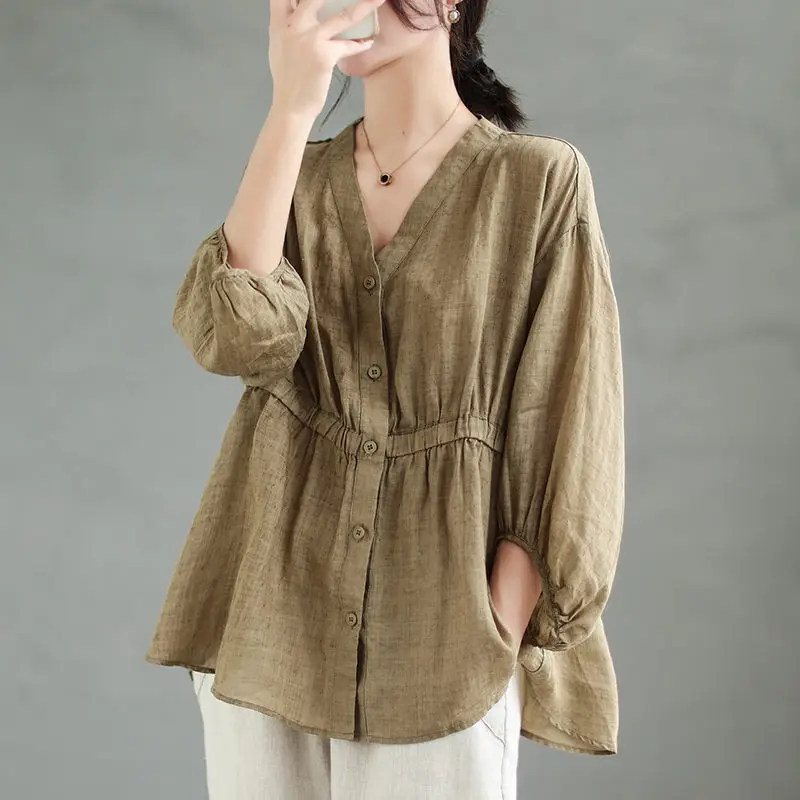 Oversize Cotton Ramie Ladies Tops Summer Fashion Retro Woman Shirt Ethnic Style Imitation Linen Thin Loose Casual Blouse 2023