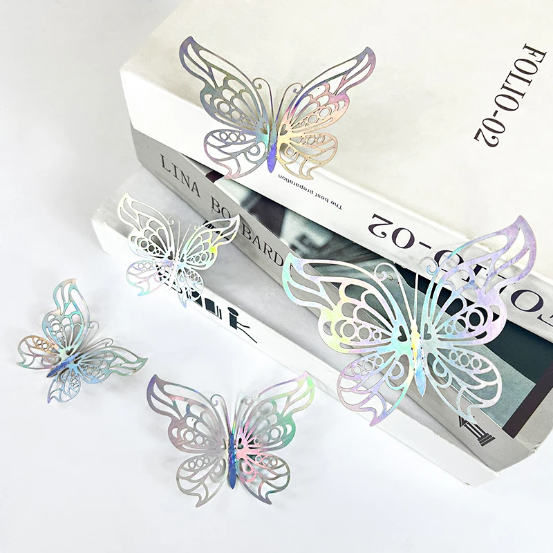 12pcs Laser Butterfly Wall Stickers Wedding Party Home Decoration Hollow Stickers Gold Silver Rose Butterfly Paper Cake Toppers