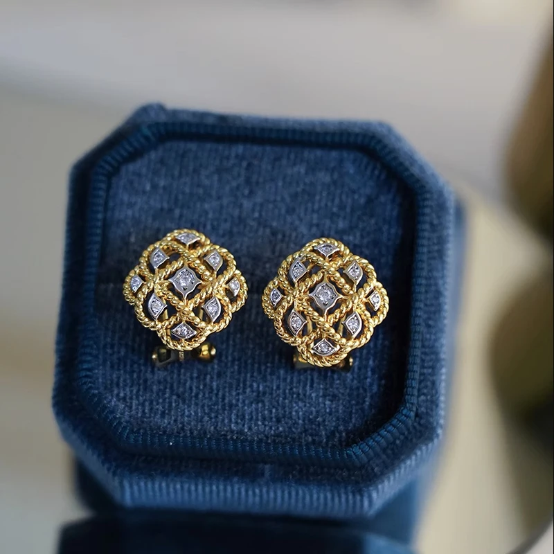 Huitan Vintage Hollow Stud Earrings Two Tone Rhombic Shaped Women Earrings Piercing Temperament Lady Accessories New Jewelry