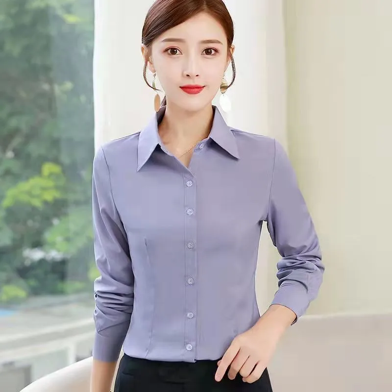 Women's Slim Fit Long Sleeve Solid Color Collar Stretch Fabric Tailored Fit Blouse Tops For Women Professional Front Roll Up