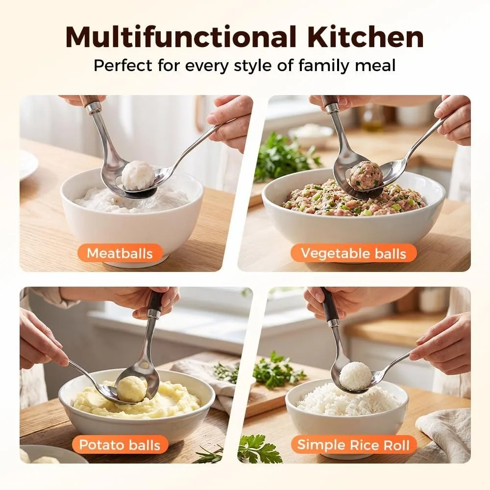 Stainless Steel Meatball Maker Spoon Round Spoon Head Hanging Hole Kitchen Meatball Tool Wood Grain Handle