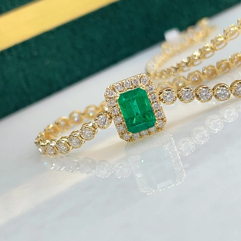 KUGG 100% 18K Yellow Gold Bracelet Fashion Geometric Shape Natural Emerald Bracelet for Women Wedding High Diamond Jewelry