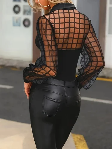 Imagen 2 del producto Camiseta de manga larga con empalme de malla y solapa elegante con temperamento a la moda para mujer