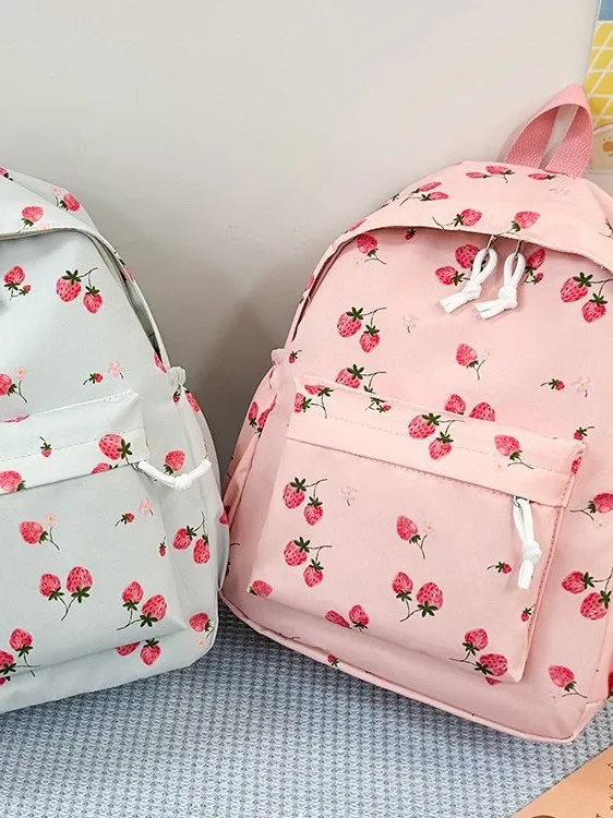 Japanese Sweet Small Floral Strawberry 3 In 1 School Bag Soft Fabric Lightweight Girls Commute Class Large Capacity Backpack
