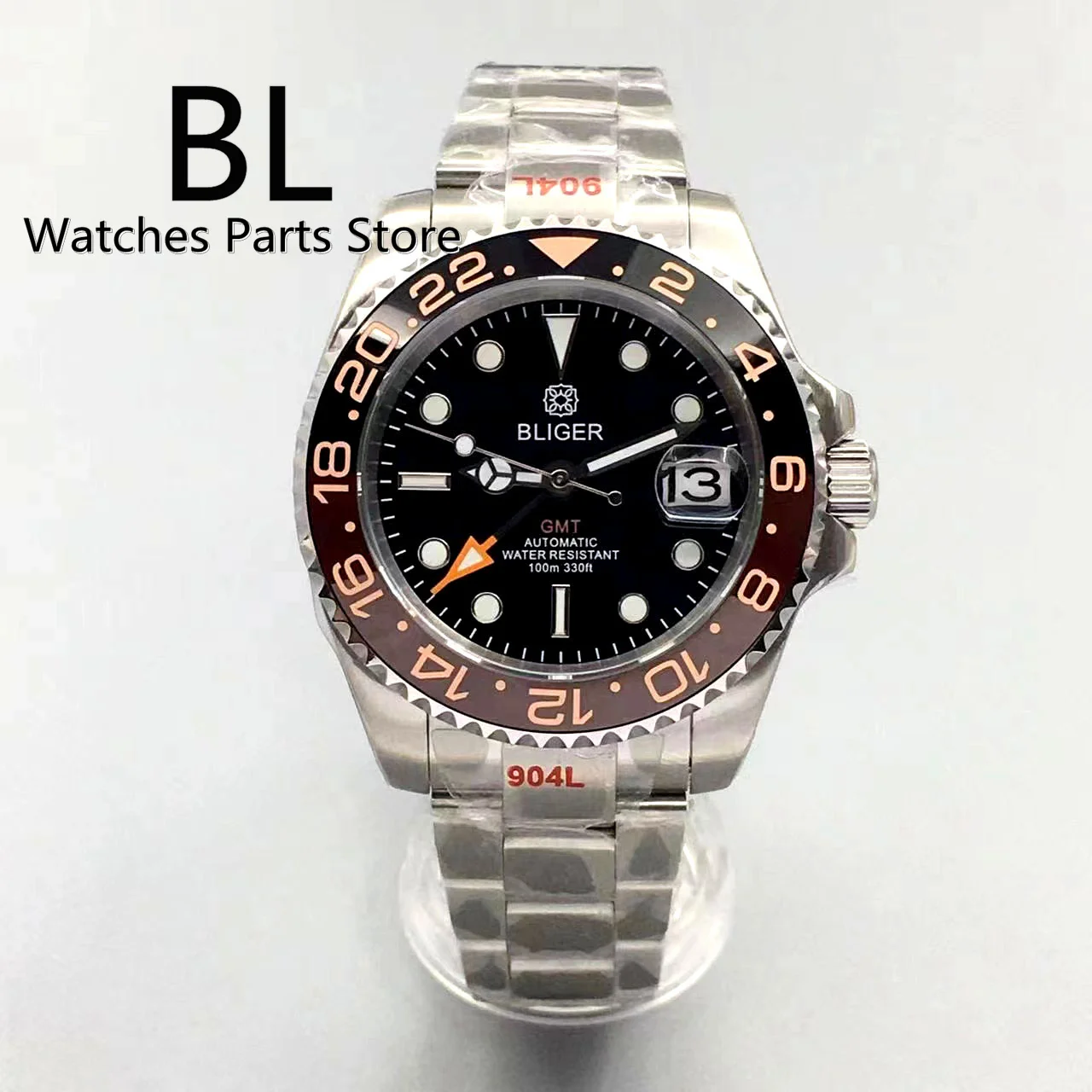 Blger New GMT Watch NH34 ruch 40mm srebrny futerał 120 kliknięć dwukolorowa ramka ceramiczna zielona świecąca szafirowe szkło blokada ślizgowa