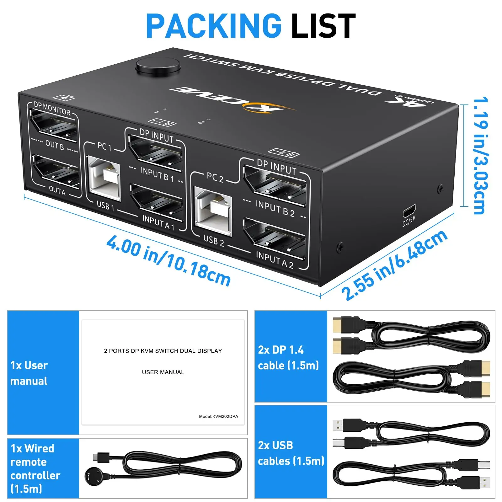 KCEVE 8K Dual Monitor KVM Switch,Displayport 1.4 KVM Switch 2 Monitors 2 Computers Supper 8K@30Hz 4K@144Hz Share 4 USB Devices