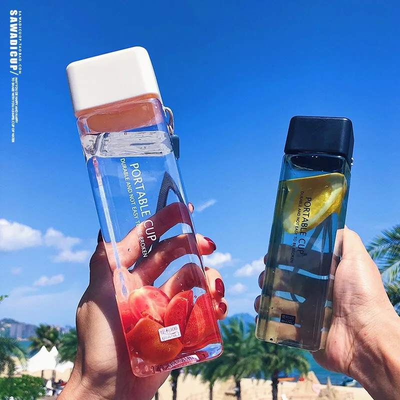 Square Simple Water Cup Portable Resistance To Falling Hand Cup Plastic Personality Transparent Leakproof with Lid Bottles