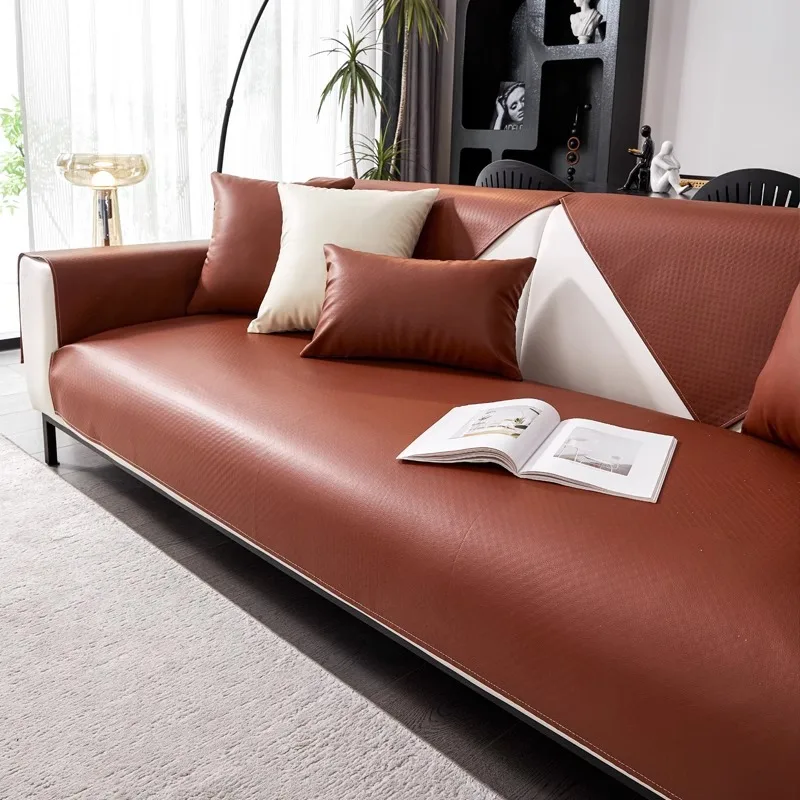 Solid Faux Leather Waterproof Sofa Cover Wash-Free Non-Slip Couch Cushion for Home Reusable Anti Cat Scratch Furniture Protector