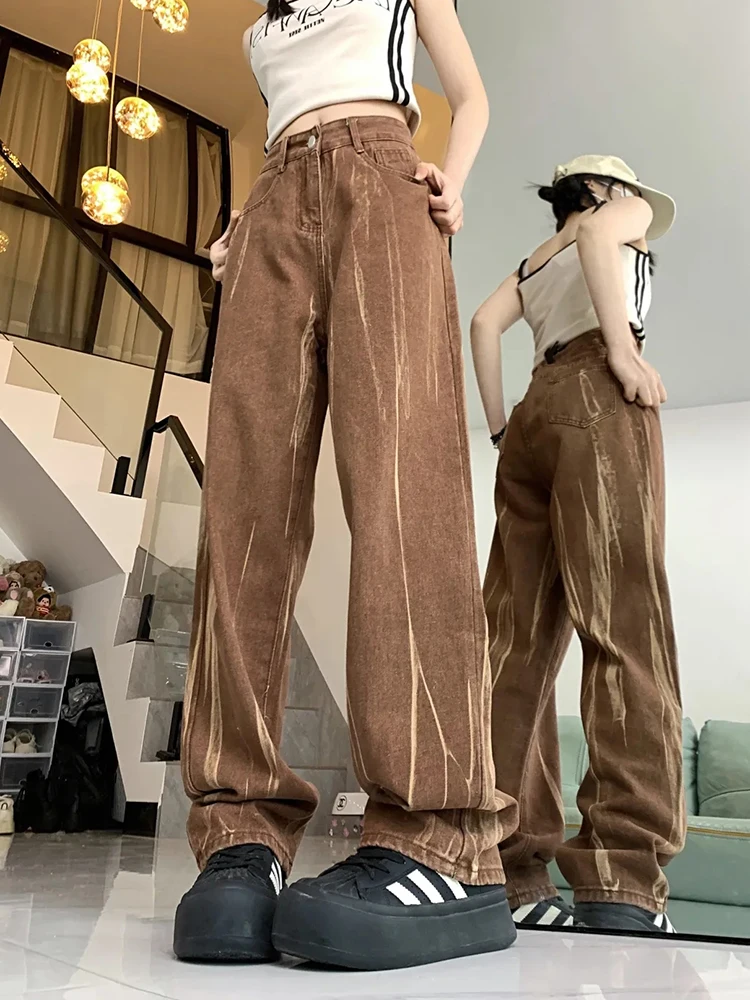 Zoki Tie Dye Retro Brown Jeans Women High Waist Streetwear Y2K Denim Pants American Loose Casual Lady Vintage Harajuku Trousers