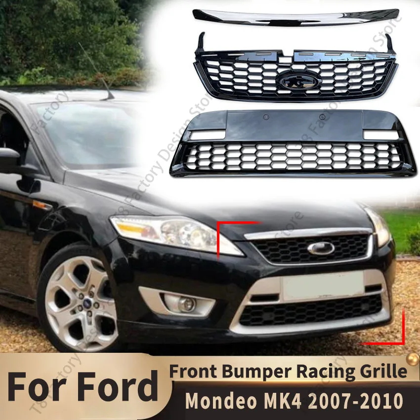 Frontstoßstange Rennkühlergrill Oberer und Unterer Kühlergrill für Ford Mondeo MK4 2007 2008 2009 2010 Karosserie-Kit Tuning Kühlergitter