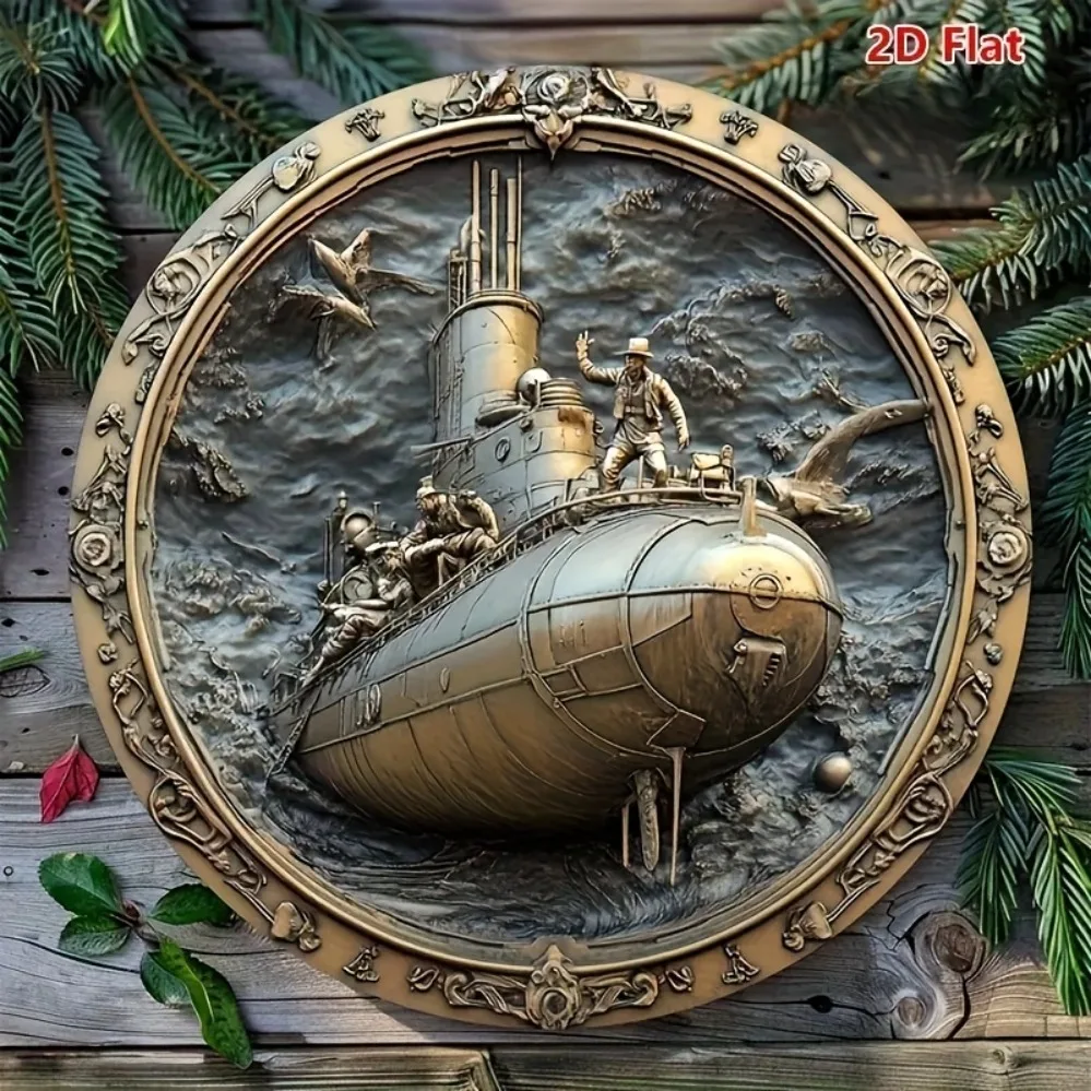 Steampunk Submarine 2D Flat High Definition Metal Wall Art Vintage Naval Military Ocean Waves Seagulls Adventurer Explorer Bronz