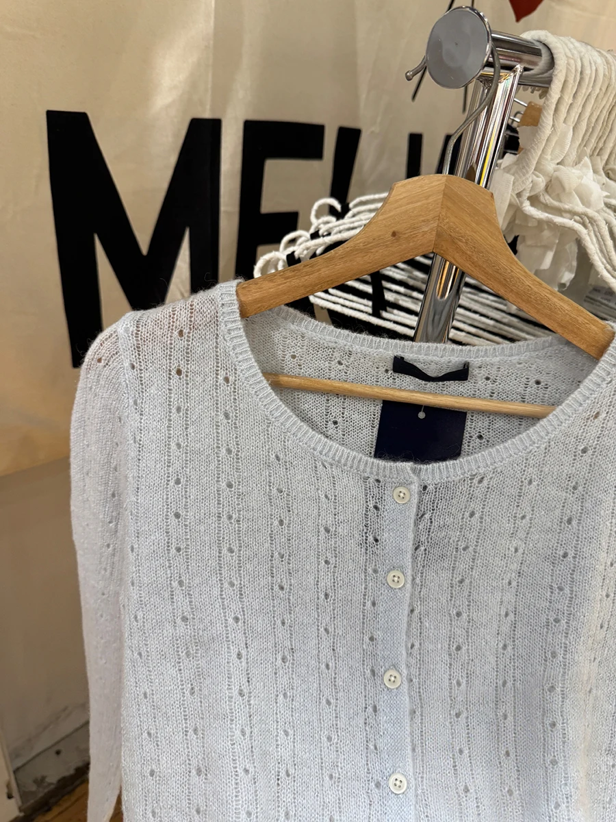 Light Blue Eyelet Thin Cardigan T-shirt Women Autumn New Scoop Neck Single Breasted Tees Sweet Casual Knitted Long Sleeve Tops view 3