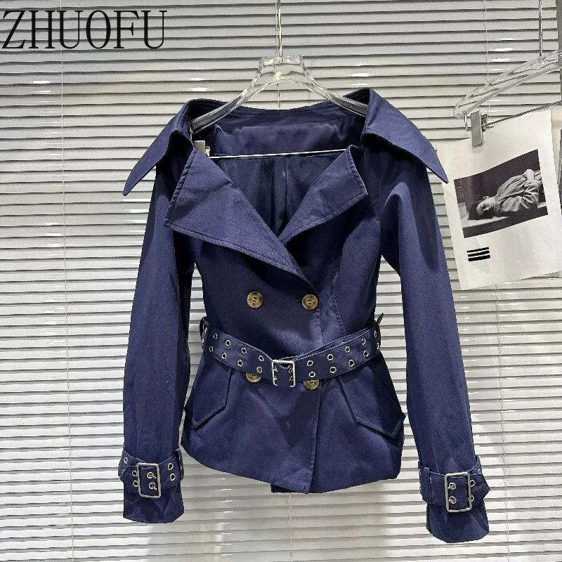 ZHUOFU 2026 Autumn New Large Lapel Belted Waist Short Windbreaker for Women Double Breasted Off Shoulder Trench Coats Ladies
