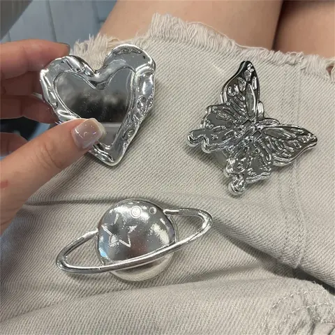 Luksusowy metalowy uchwyt 3D Silver Planet Heart Mirror Metal Bracket Phone Grip Tok Griptok Holder For iPhone Accessories Silver Planet Stand Ring