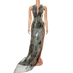 Sexy Stage Shiny Silver Sequins Long Train Tube Dress Evening Prom Birthday Celebrate Dress Women Photo Shoot Wear Stage Costume