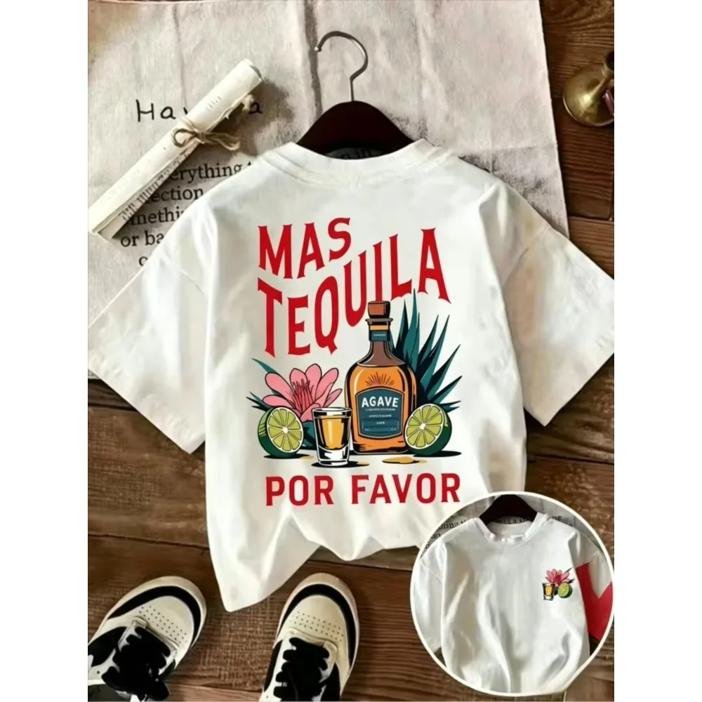 Mas Tequila Por Favor Print T-shirt Tequila Bottle Lime Graphic Short Sleeve Round Neck Tops Women Men Spring Summer Party Tee