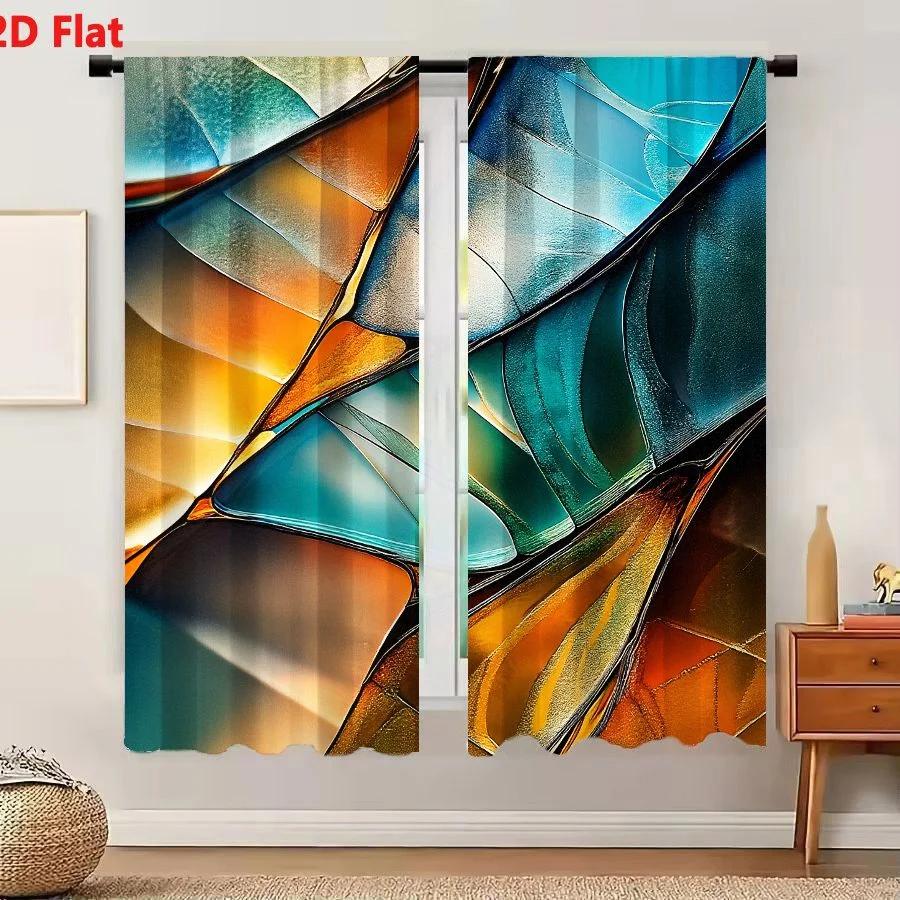 2Pcs Curtains Add 2D Flat Abstract Fluid Organic Shapes Glossy Metallic Wave Forms Golden Orange Amber Copper Teal Turquoise Dee