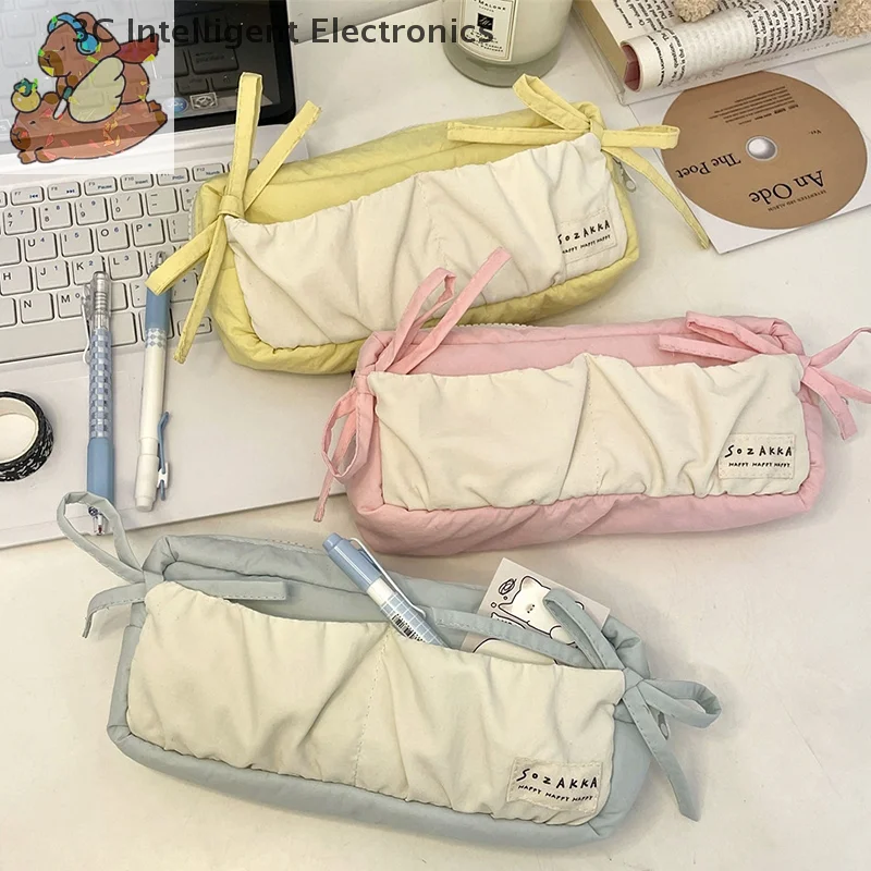 Ins Style Blue Bow Pencil Case Cute Multi Functional Large Capacity Stationery Organizer Storage Bag Student Pen Bag Makeup Bag