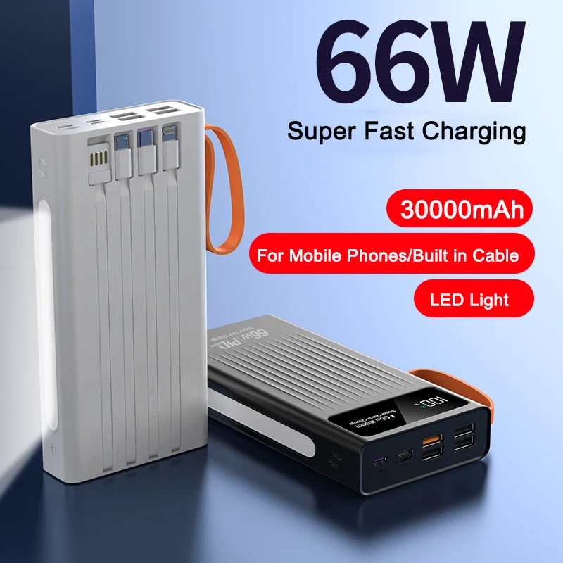 Power Bank 30000mAh PD20W 66W Super Fast Charging Built in Cable LED Light Portable Powerbank External Battery Charger Poverbank