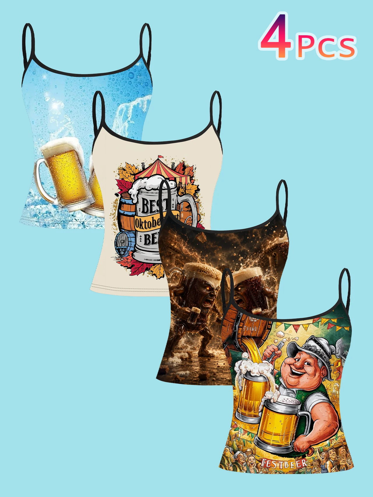 4-Piece Set of Oktoberfest Cartoon Creative Women's Camisoles with Cool Beer Barrel, Party Characters, Monster, and Beer Glass Prints, Slim-Fit Spaghetti Strap Short Camisole Tops