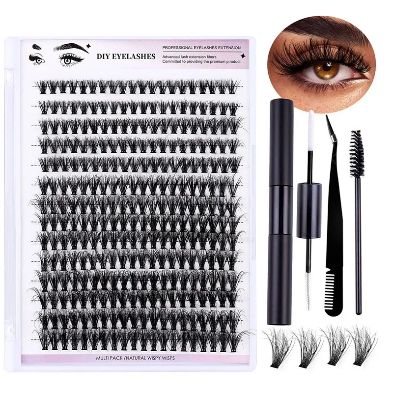 DIY Lash Extension Kit, Lash Clusters With Waterproof Strong Hold Lash Bond And Seal And Eyelash Tweezers Lash Cluster Kit