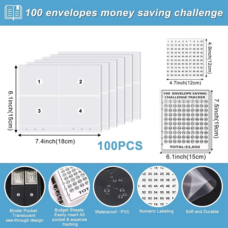 مجموعة كتب توفير المال ، الميزنة ، الموثق التخزين ، دفتر الميزانية ، توفير النقدية ، سهلة التركيب ، الأزرق ، المغلفات ، التخزين ، 100 أظرف