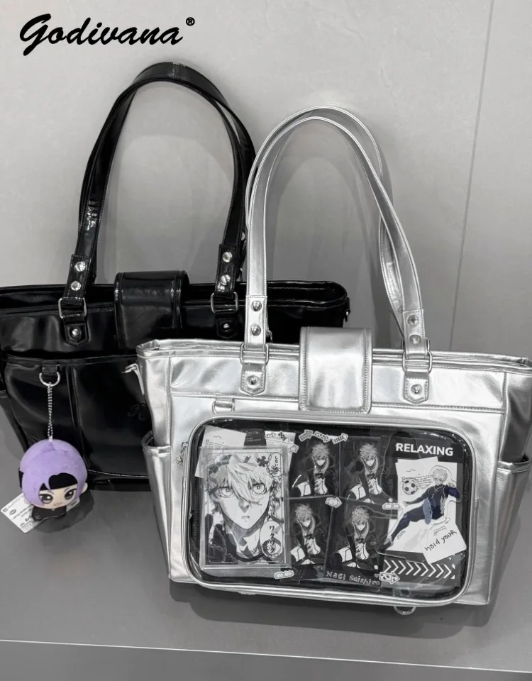 

Женская крутая большая сумка оригинального дизайна, портативный серебристо-черный рюкзак на плечо, студенческая сумка для боли, сумки