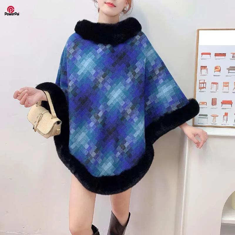 

Fashion Warm Faux Rex Rabbit Fur Pullover Cape Thicken Lining Jacquard Plaids Cloak Coat Women Autumn Winter Poncho Wraps