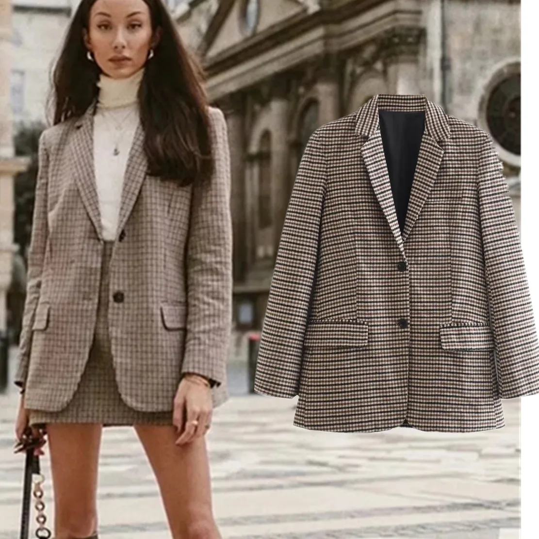 Maxdutti Ins Fashion Casual Jacket Blogger Retro Woolen Plaid Single Breatsed Fashion Blazers Women