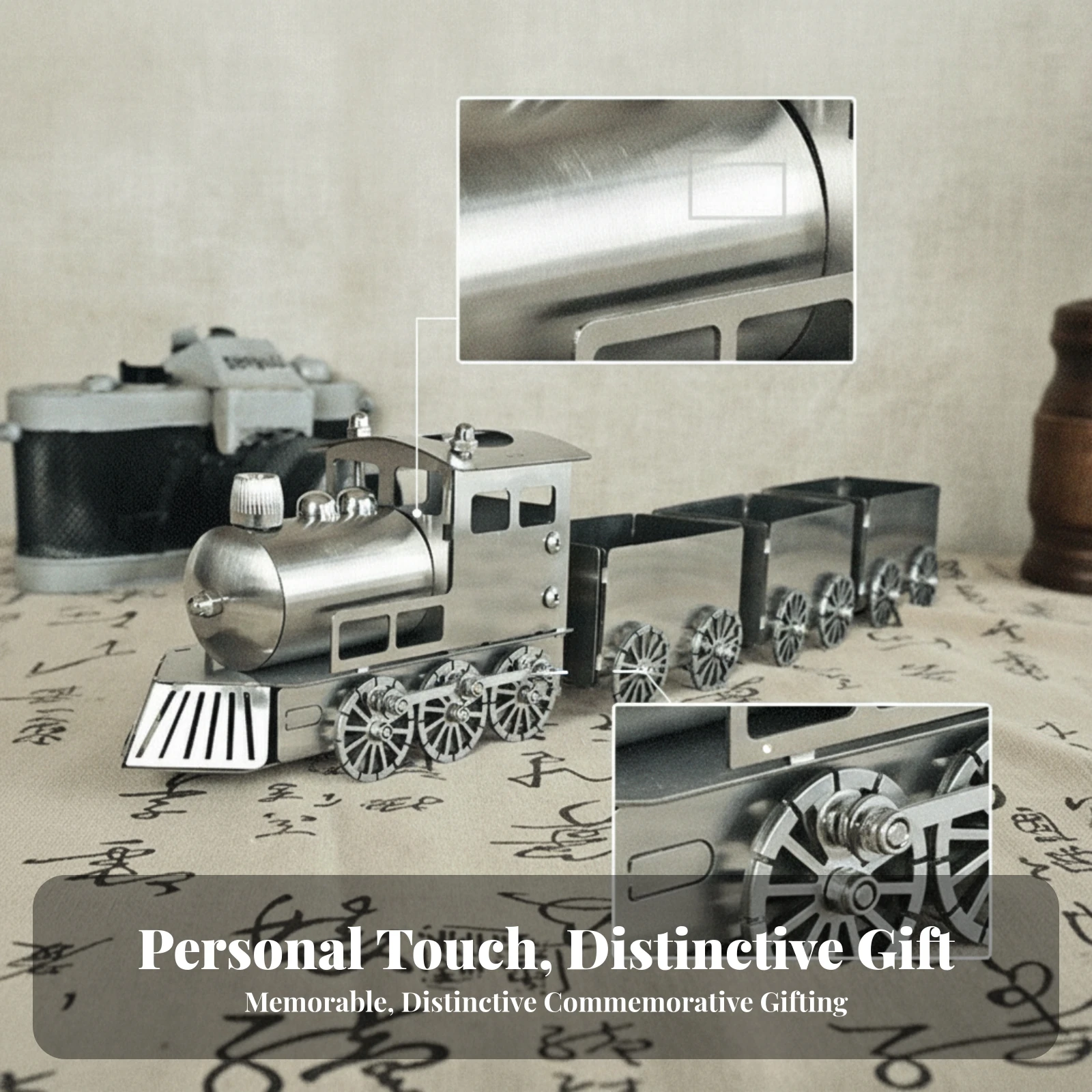 Stainless Steel Train Ornament Spoked Wheels Steam Engine Sculpture Metal Train Ornament Display Piece Vintage Locomotive Model