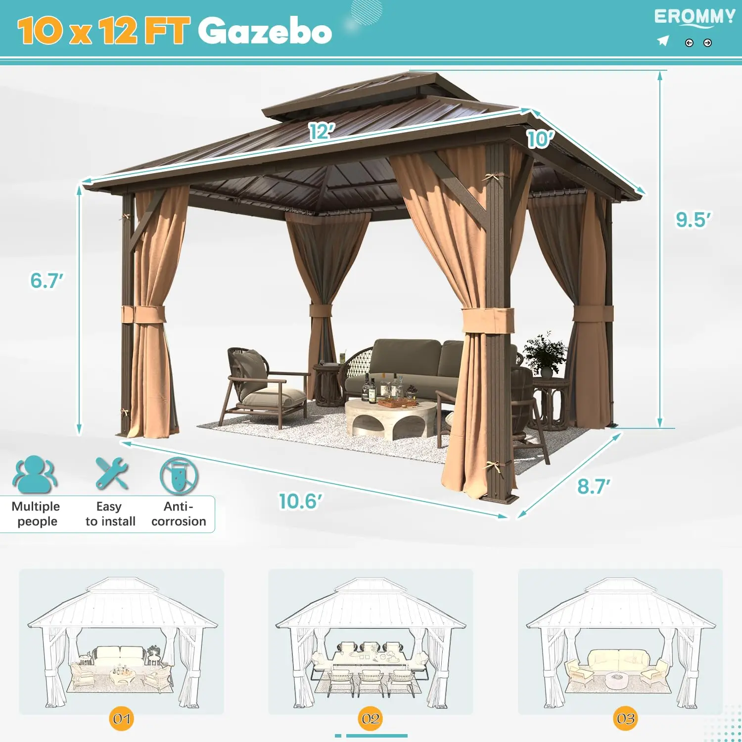 10x12 Gazebo, Hardtop Outdoor Gazebo with Aluminum Frame, Customized
