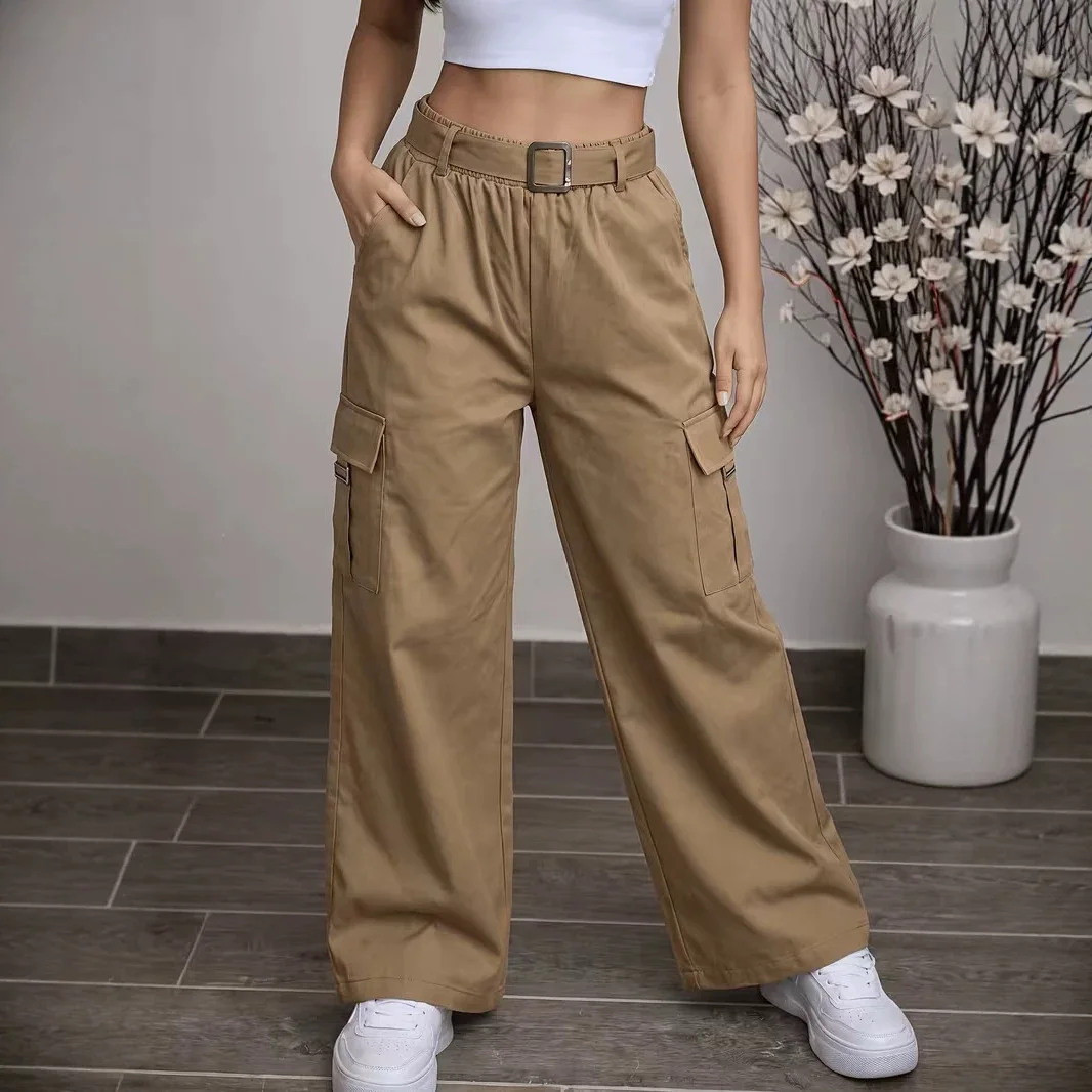 Women's Khaki Loose Casual Cargo Pants Straight Wide Leg Pants Multi-pocket Overalls