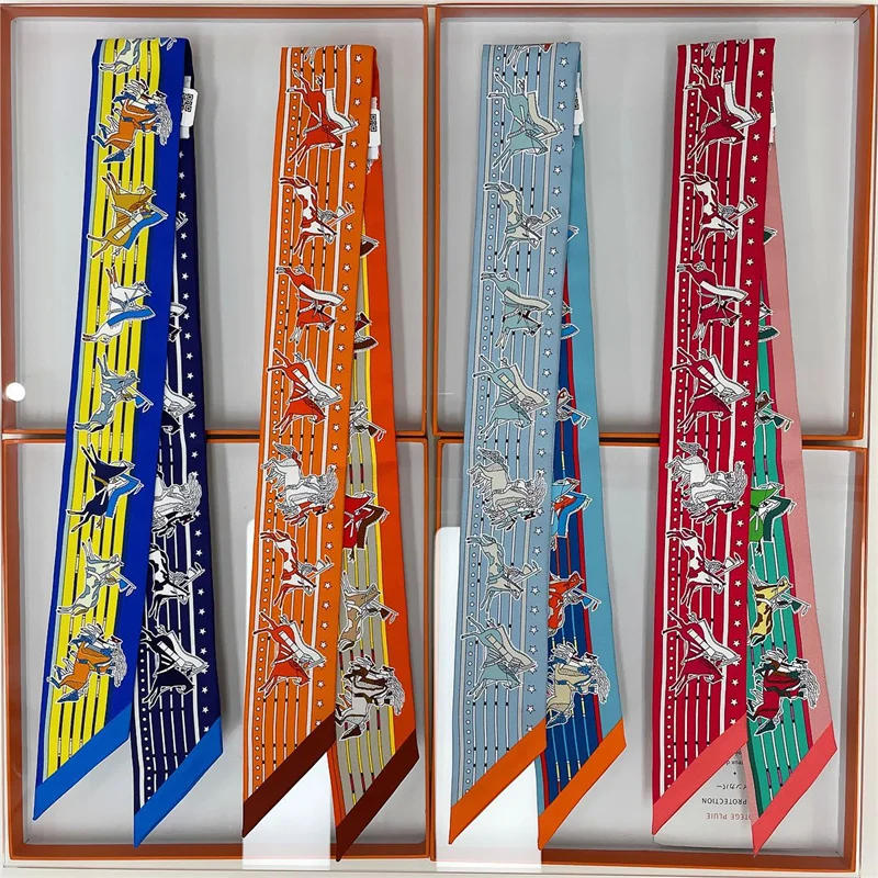 100% Silk High Quality Luxury Brand Scarf Women Headband Hair Band Foulard Tie Ribbon Neckerchief Skinny Scarves Accessories