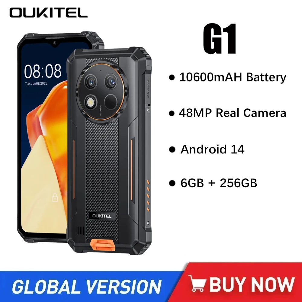 Прочные смартфоны Oukitel G1 4G, 6,52 дюйма, HD+, восьмиядерный процессор, 6 ГБ + 256 ГБ, Android 14, мобильный телефон, камера 48 МП, 10600 мАч,